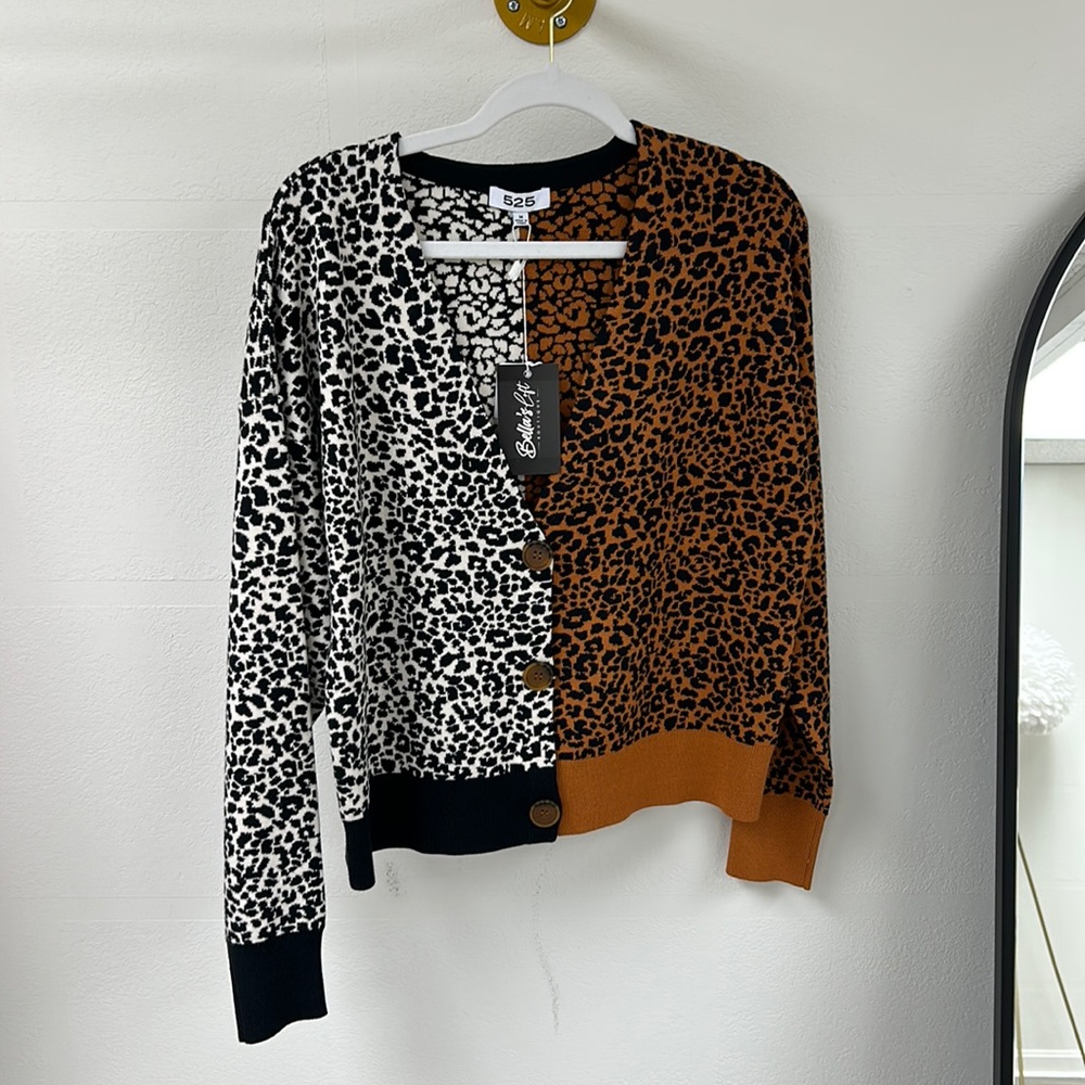 Split Brown and White Leopard Cardigan